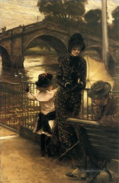 three women at the table by the lamp Painting - By the Thames at Richmond James Jacques Joseph Tissot